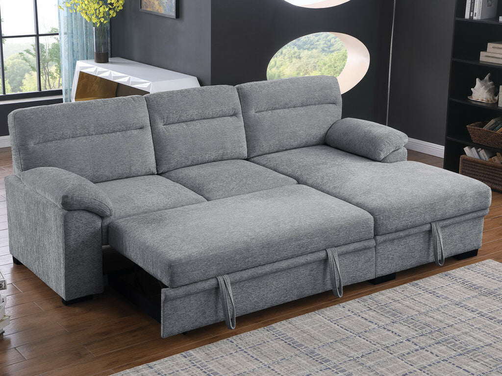 81457 Kipling II light grey chenille fabric convertible pop up sleep area reversible pop up storage chaise USB sectional sofa