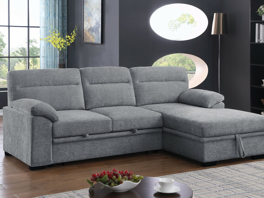 81457 Kipling II light grey chenille fabric convertible pop up sleep area reversible pop up storage chaise USB sectional sofa