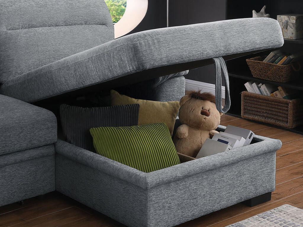 81457 Kipling II light grey chenille fabric convertible pop up sleep area reversible pop up storage chaise USB sectional sofa