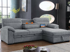 81457 Kipling II light grey chenille fabric convertible pop up sleep area reversible pop up storage chaise USB sectional sofa