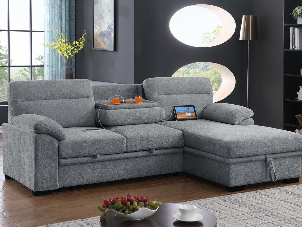 81457 Kipling II light grey chenille fabric convertible pop up sleep area reversible pop up storage chaise USB sectional sofa