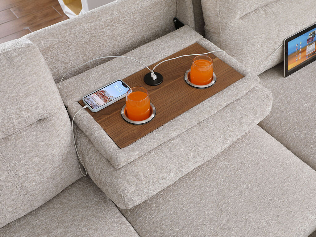 81458 Kipling II beige chenille fabric convertible pop up sleep area reversible pop up storage chaise USB sectional sofa