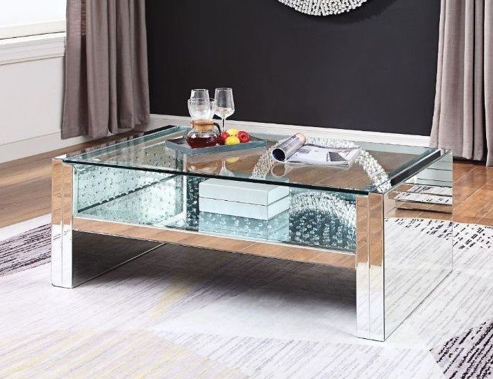 Acme 81470 Rosdorf park lippa Nysa mirrored faux crystals glass top coffee table with lower shelf