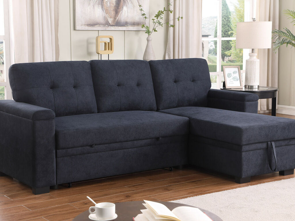 81520 Lucca II dark grey woven fabric 84.5" convertible pop up sleep area reversible pop up storage chaise sectional