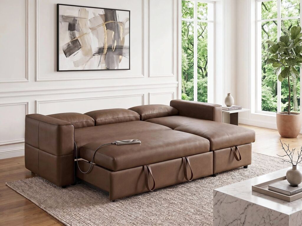 George 95" Caramel Performance Fabric Convertible Sleeper Sectional with Storage Chaise & USB Charging – 81567