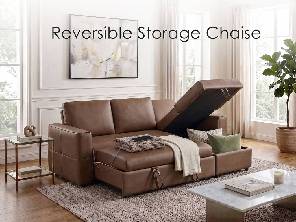 George 95" Caramel Performance Fabric Convertible Sleeper Sectional with Storage Chaise & USB Charging – 81567