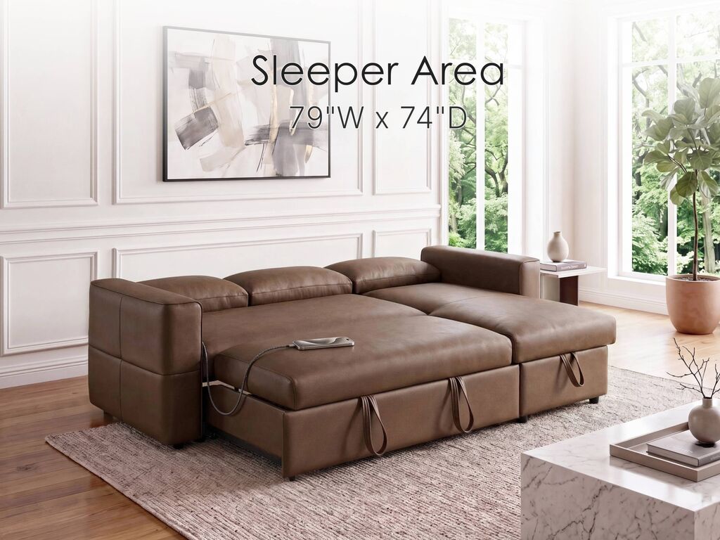 George 95" Caramel Performance Fabric Convertible Sleeper Sectional with Storage Chaise & USB Charging – 81567