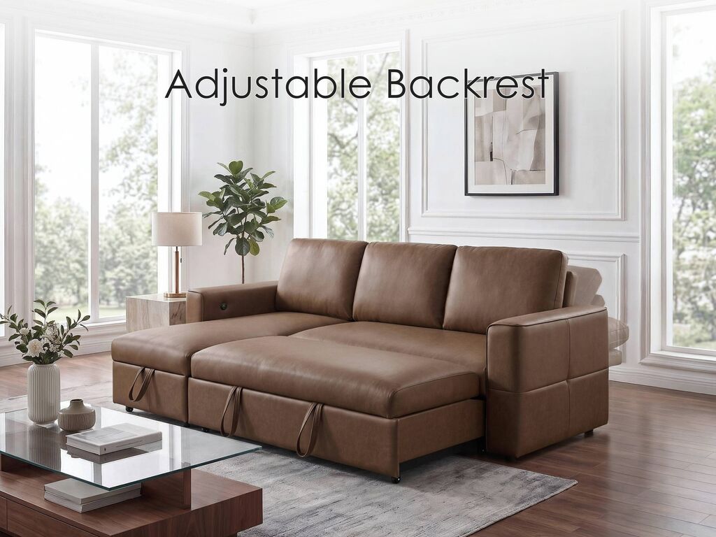 George 95" Caramel Performance Fabric Convertible Sleeper Sectional with Storage Chaise & USB Charging – 81567