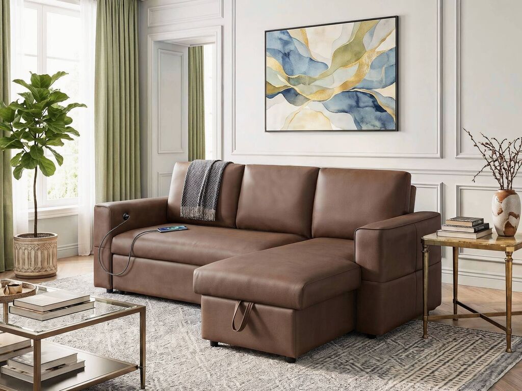 George 95" Caramel Performance Fabric Convertible Sleeper Sectional with Storage Chaise & USB Charging – 81567