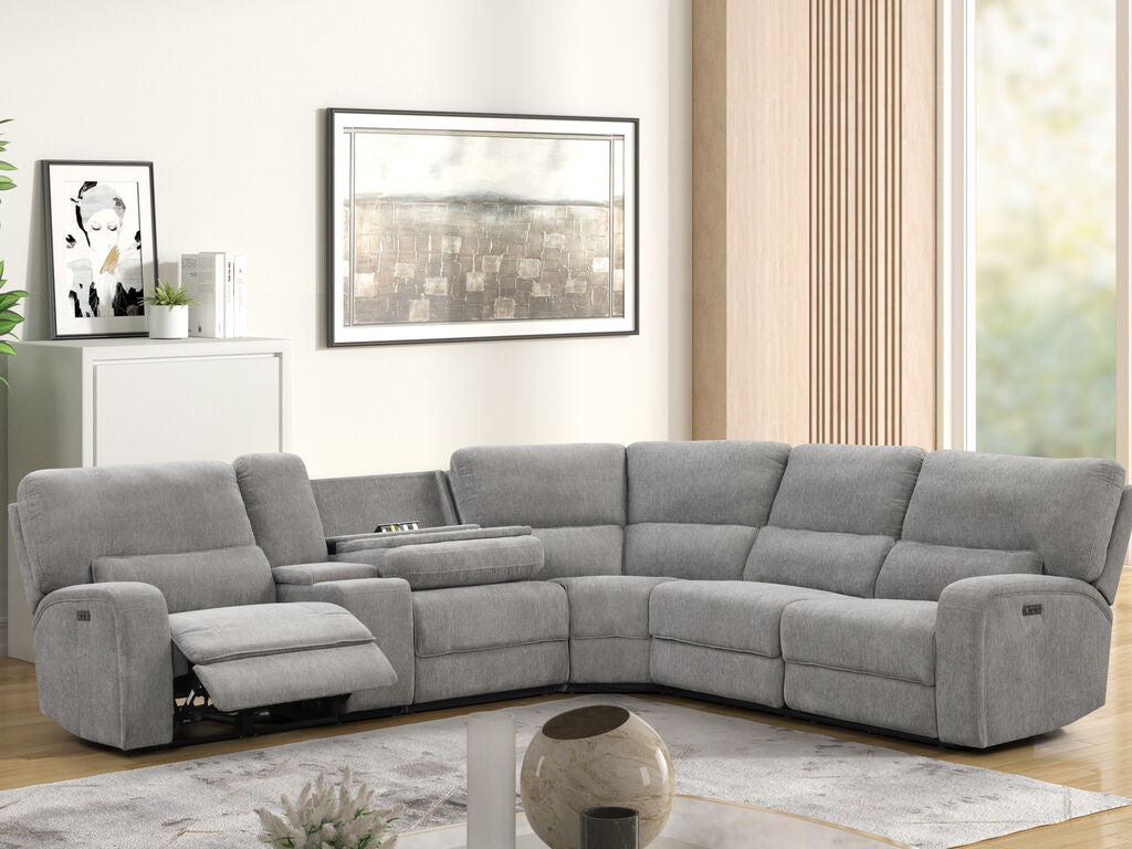 81610-6PC Anthony 6-Piece Light Grey Chenille Power Reclining Sectional with USB Charging