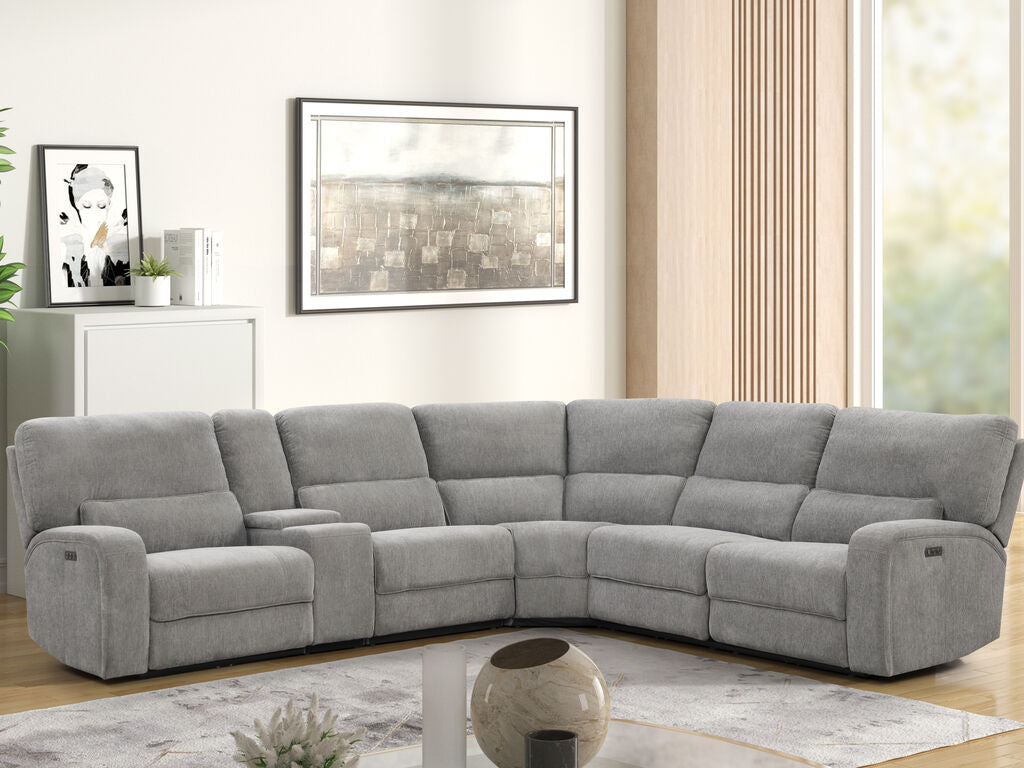 81610-6PC 6 pc Anthony light grey chenille fabric power reclining sectional sofa set with drop down table and console with USB charging