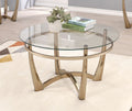 Acme 81610 Everly quinn Orlando II champagne finish metal frame round glass top coffee table