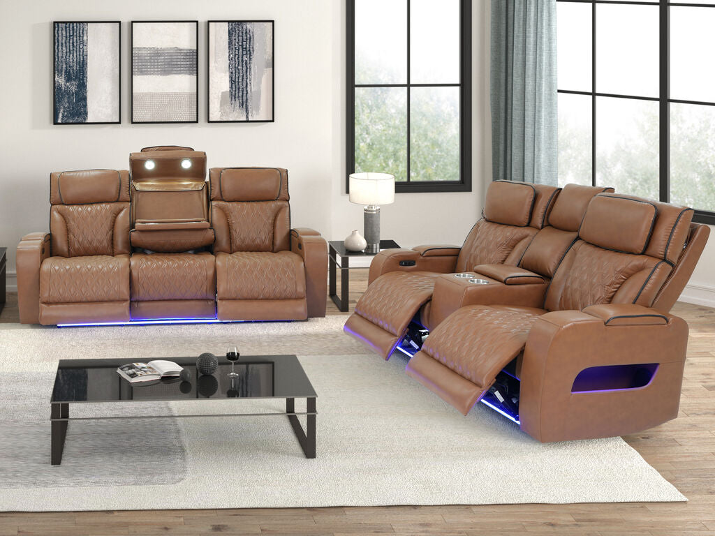81639-SL Jazz Fortuner 2-Piece Light Brown Faux Leather Power Motion Sofa & Loveseat with Wireless Charging & LED