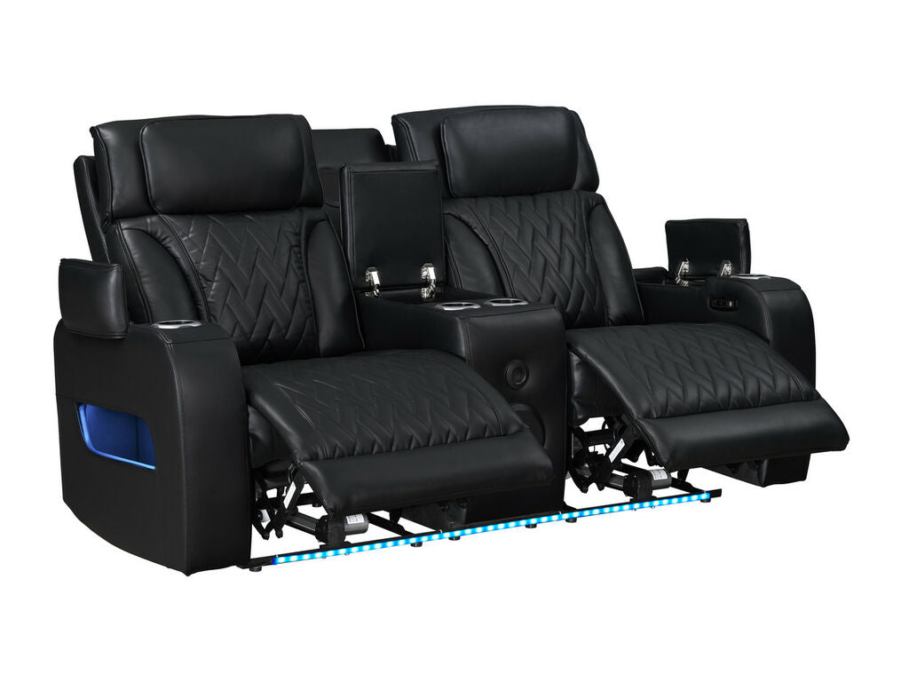 81640-SL Jazz Fortuner 2-Piece Black Faux Leather Power Motion Sofa & Loveseat with Wireless Charging & LED