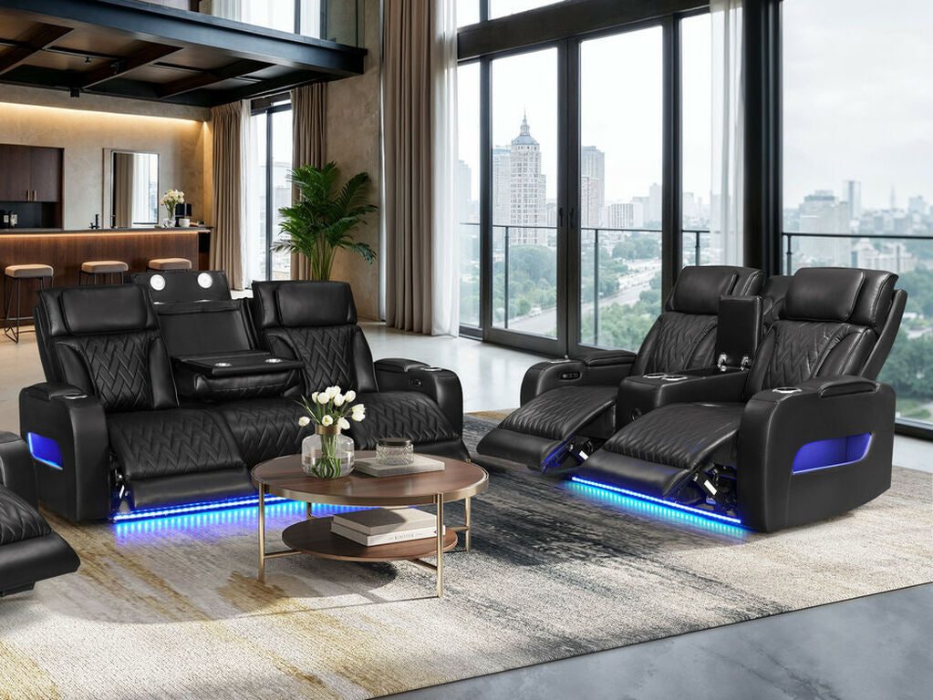 81640-SL Jazz Fortuner 2-Piece Black Faux Leather Power Motion Sofa & Loveseat with Wireless Charging & LED