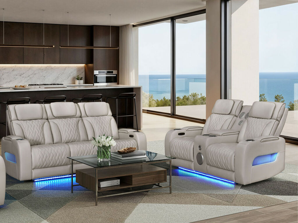 81641-SL Jazz Fortuner 2-Piece Ice Faux Leather Power Motion Sofa & Loveseat with Wireless Charging & LED