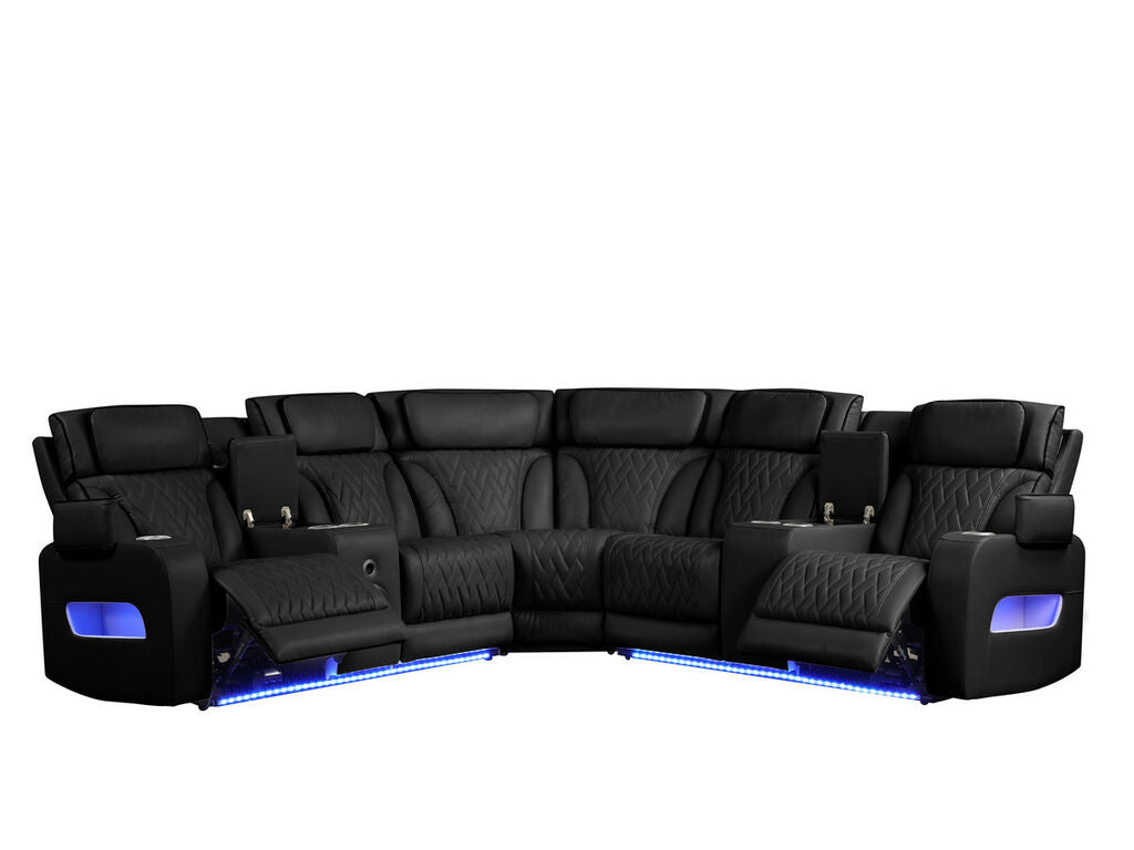 81642 Jazz black faux leather sectional sofa with power motion recliners and LED lighting with USB speaker system