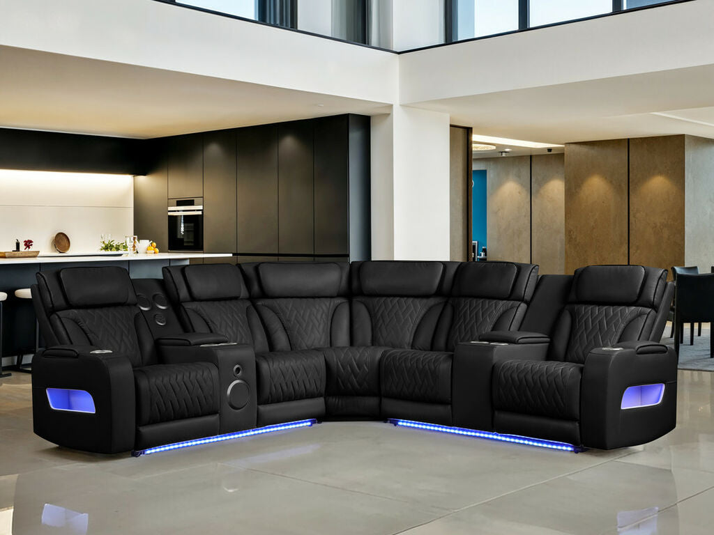 81642 Jazz black faux leather sectional sofa with power motion recliners and LED lighting with USB speaker system