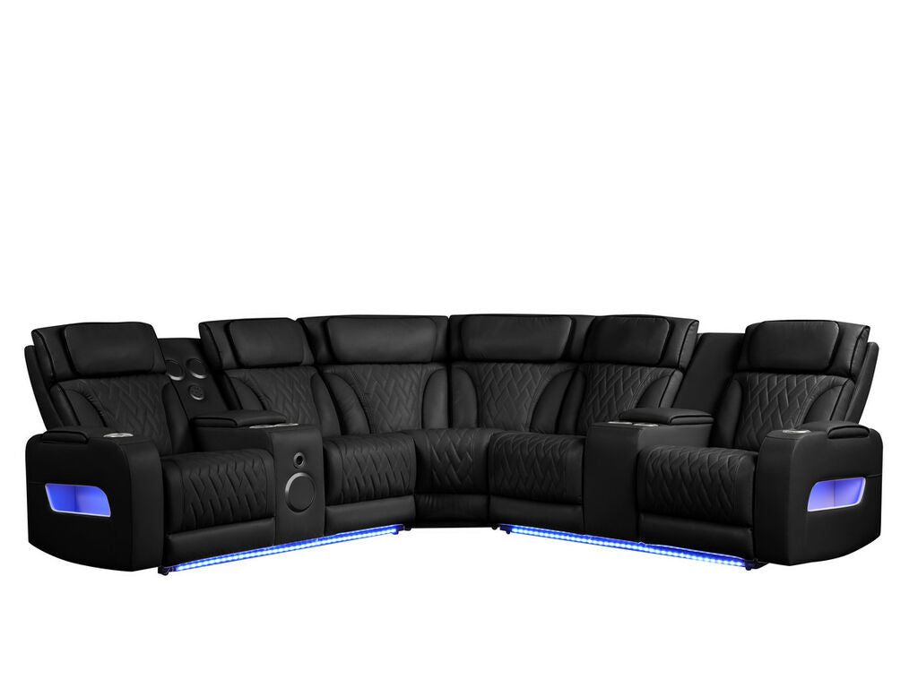 81642 Jazz black faux leather sectional sofa with power motion recliners and LED lighting with USB speaker system