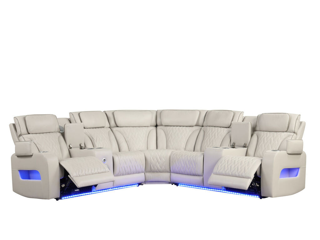 81643 Jazz ice faux leather sectional sofa with power motion recliners and LED lighting with USB speaker system