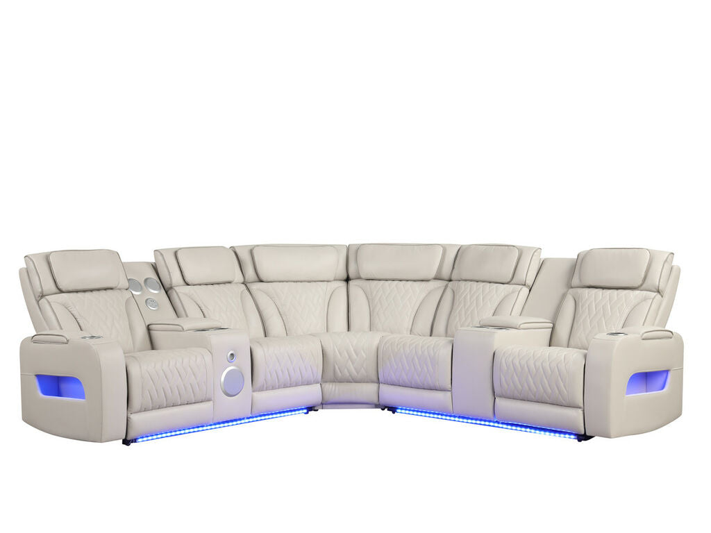 81643 Jazz ice faux leather sectional sofa with power motion recliners and LED lighting with USB speaker system