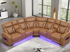 81644 Jazz Fortuner 3-Piece Light Brown Faux Leather Power Motion Sectional Sofa with LED, Wireless Charging & Bluetooth