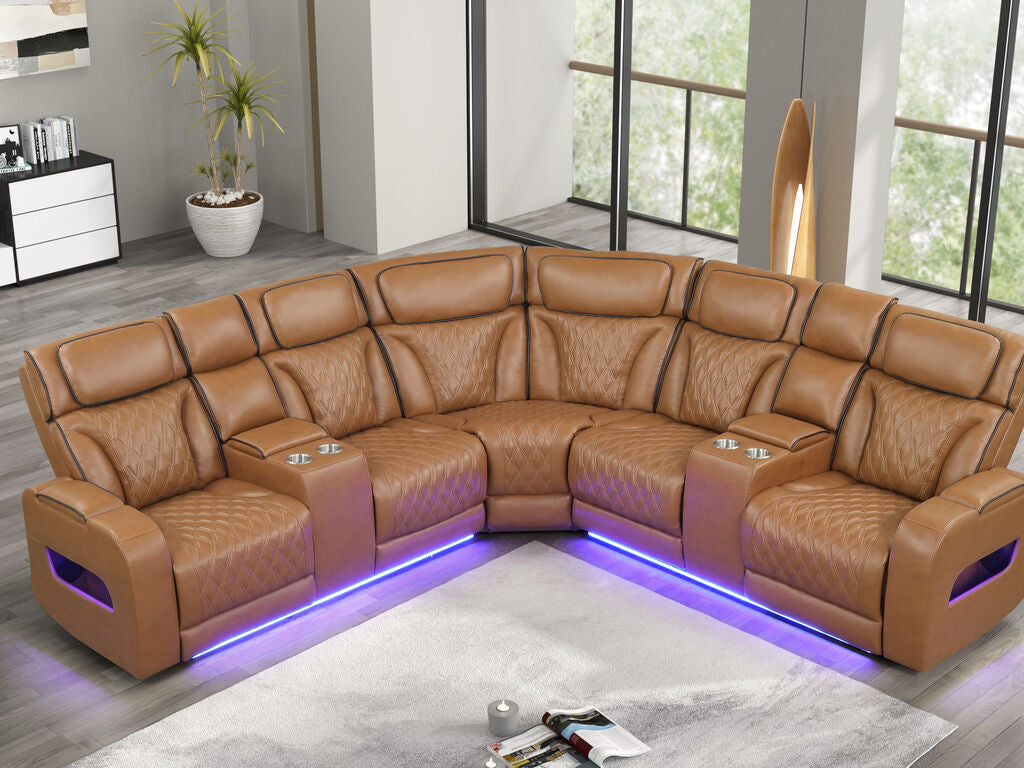 81644 Jazz Fortuner 3-Piece Light Brown Faux Leather Power Motion Sectional Sofa with LED, Wireless Charging & Bluetooth