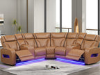 81644 Jazz Fortuner 3-Piece Light Brown Faux Leather Power Motion Sectional Sofa with LED, Wireless Charging & Bluetooth