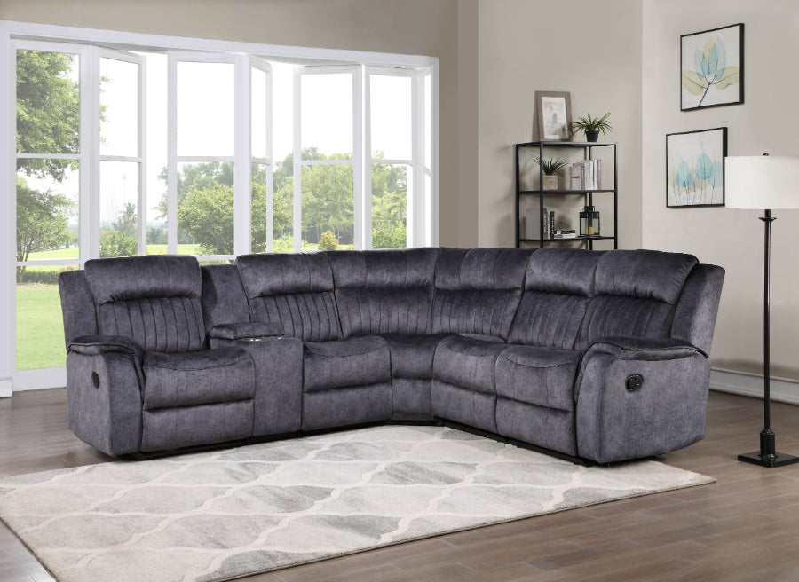 8170-BLUE 6 pc Latitude run herald blue grey faux suede fabric sectional sofa with drink console and 3 recliners