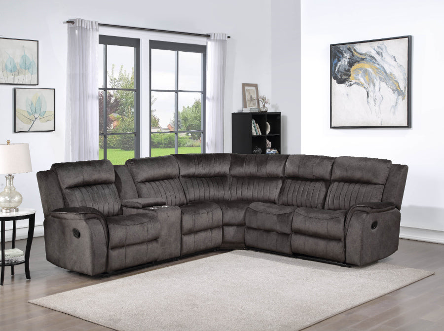 8171-DG 6 pc Latitude run herald dark grey faux suede fabric sectional sofa with drink console and 3 recliners