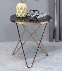 Acme 81832 Wrought studio bock valora black glass top champagne finish frame round end table