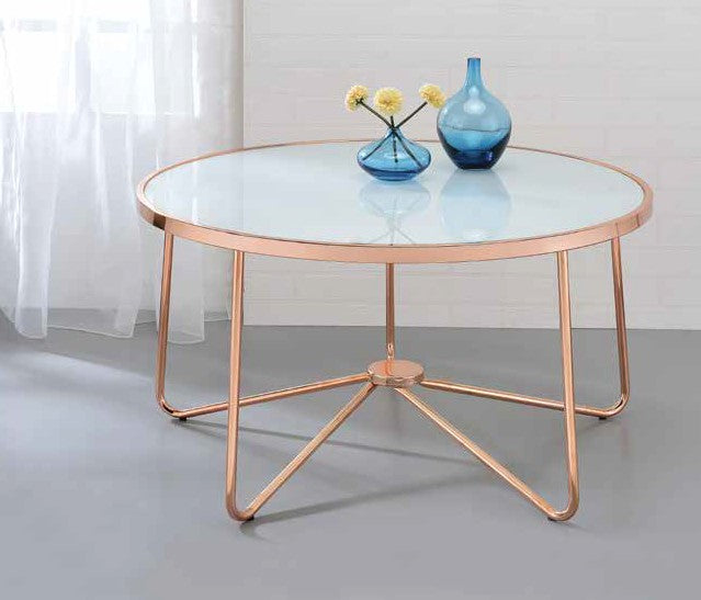 Acme 81835 Wrought studio bock alivia frosted glass top rose gold finish frame round coffee table