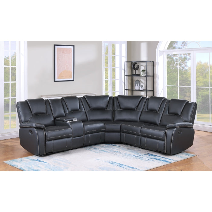 8190 3 pc Black faux leather power motion recliners sectional sofa with consoles and cup holders
