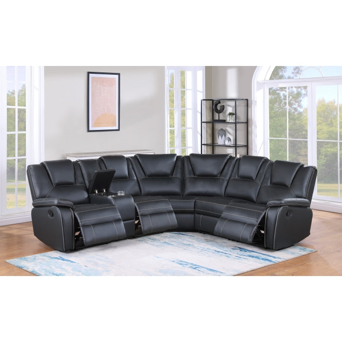 8190 3 pc Black faux leather power motion recliners sectional sofa with consoles and cup holders