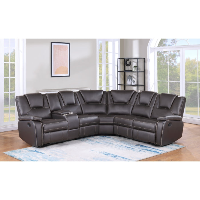 8188 3 pc Brown faux leather recliners sectional sofa with consoles and cup holders