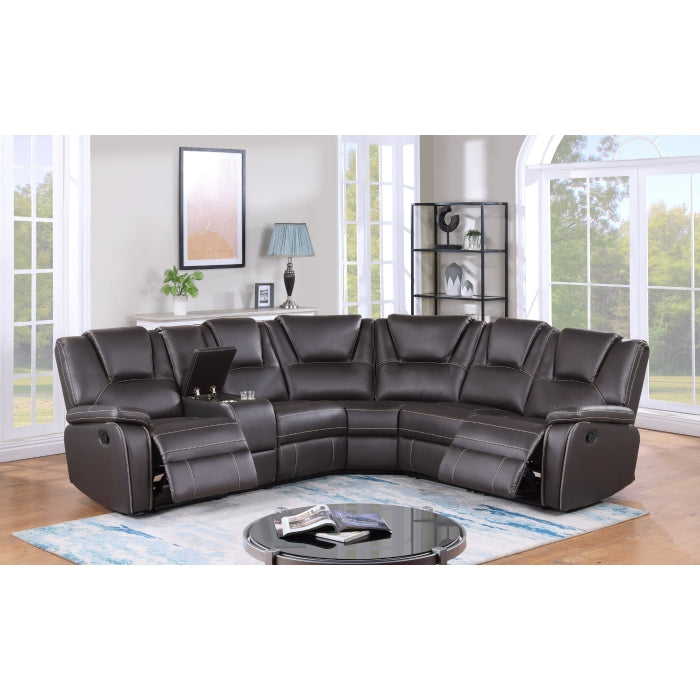 8188 3 pc Brown faux leather recliners sectional sofa with consoles and cup holders