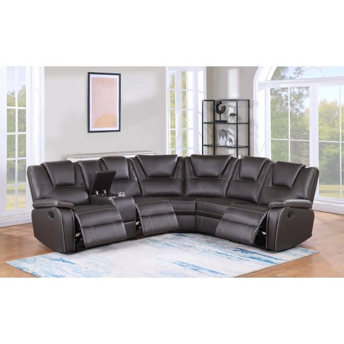 8188 3 pc Brown faux leather recliners sectional sofa with consoles and cup holders