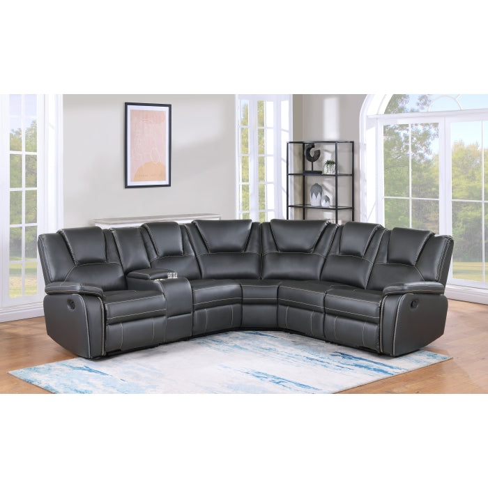 8189 3 pc Grey faux leather recliners sectional sofa with consoles and cup holders
