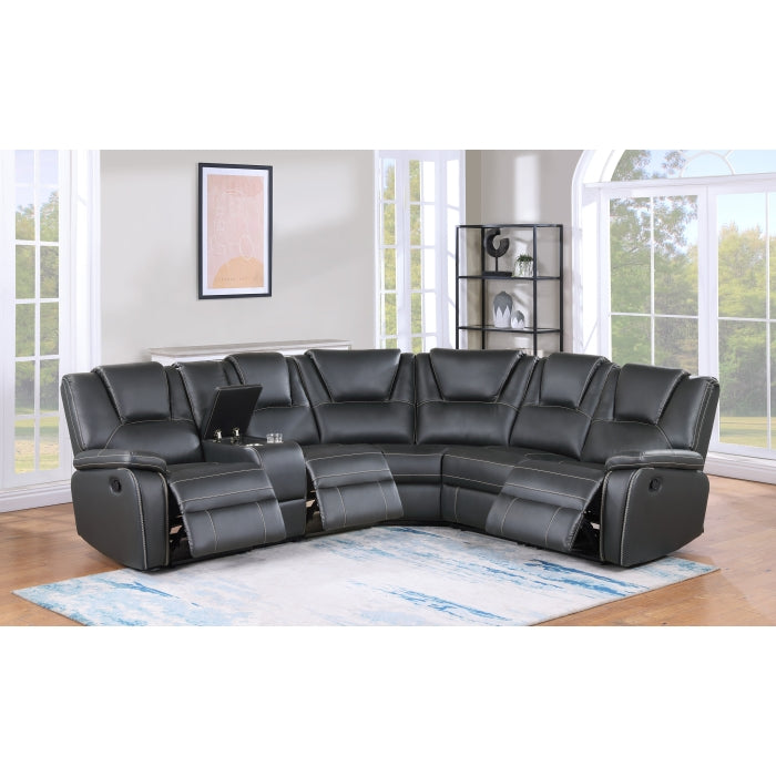 8189 3 pc Grey faux leather recliners sectional sofa with consoles and cup holders