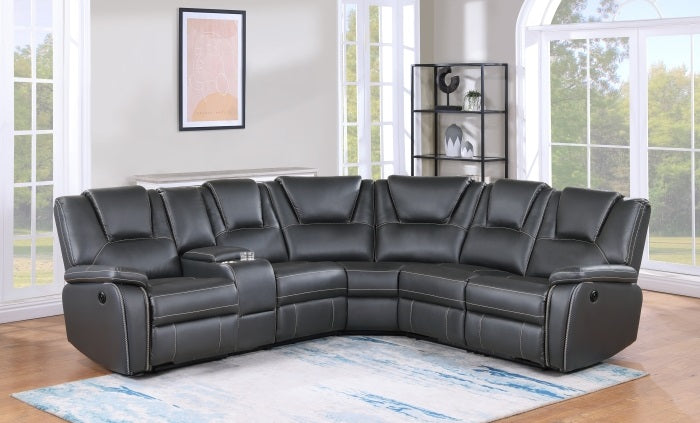 3-Piece Grey Faux Leather Power Motion Recliner Sectional Sofa with Consoles & USB Ports - 8192