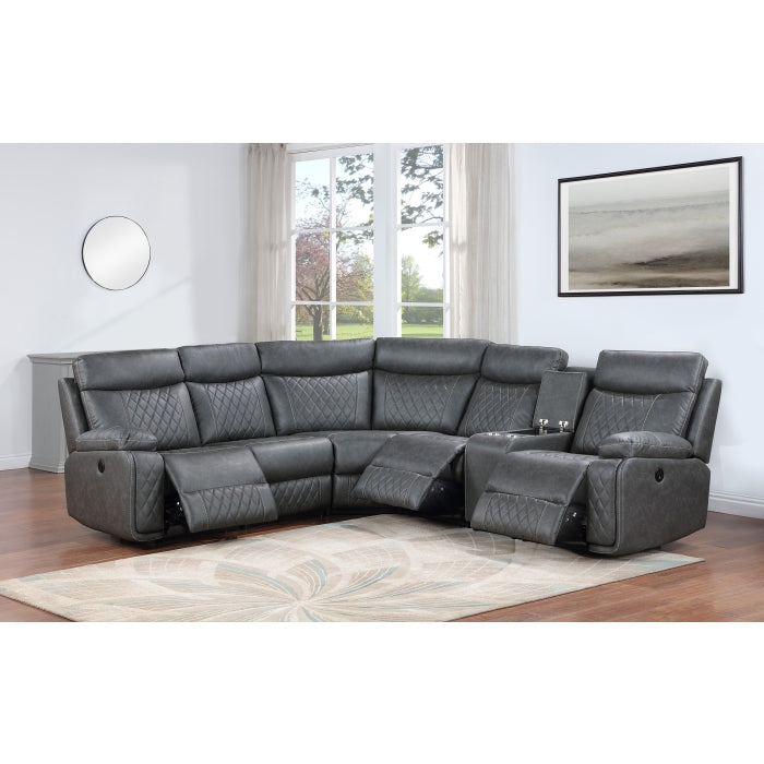 3-Piece Grey Faux Leather Recliner Sectional Sofa with Consoles – 8196