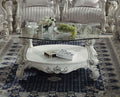 Acme 82085 Rosdorf park loden versailles bone white finish wood carved accents glass top coffee table
