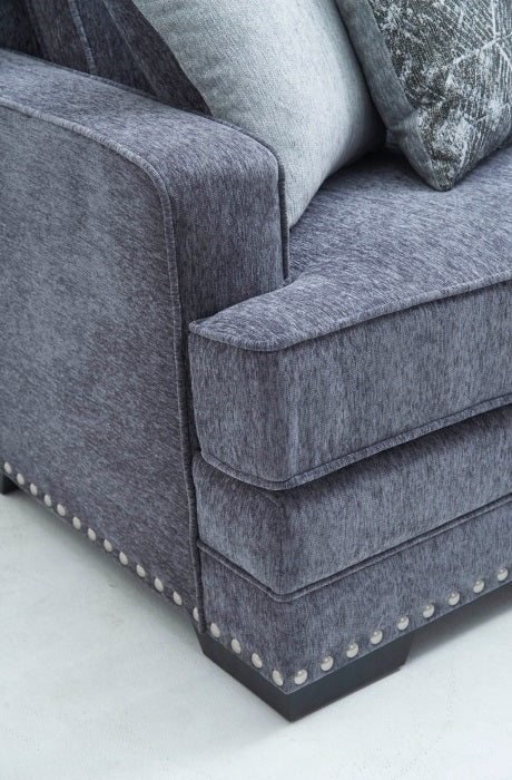 3-Piece Dark Grey Chenille Fabric Sectional Sofa with Nail Head Trim, Pocket Spring Seating & Throw Pillows - 8070