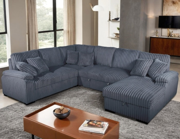 Venice 4-Piece Dark Grey Corduroy Sectional Sofa with Pull-Out Sleeper & Storage Chaise - 8221-4PC