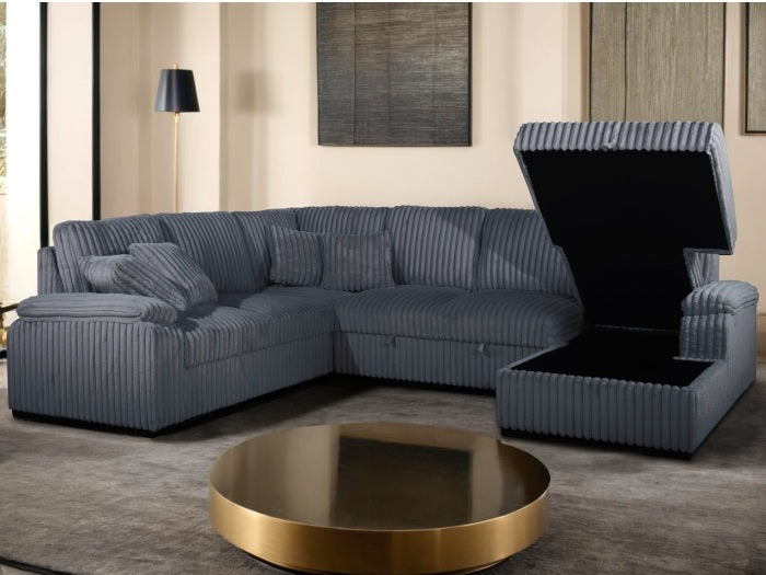 Venice 4-Piece Dark Grey Corduroy Sectional Sofa with Pull-Out Sleeper & Storage Chaise - 8221-4PC