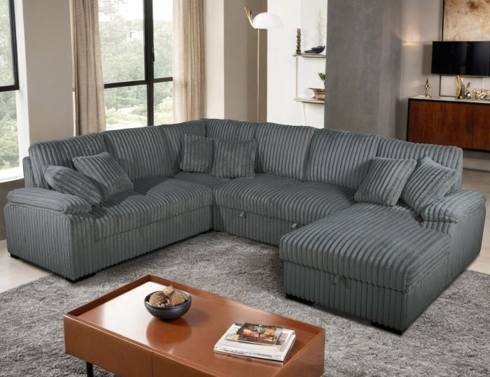 Venice 4-Piece Grey Corduroy Sectional Sofa with Pull-Out Sleeper & Storage Chaise - 8222-4PC