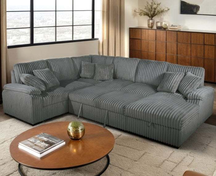 Venice 4-Piece Grey Corduroy Sectional Sofa with Pull-Out Sleeper & Storage Chaise - 8222-4PC