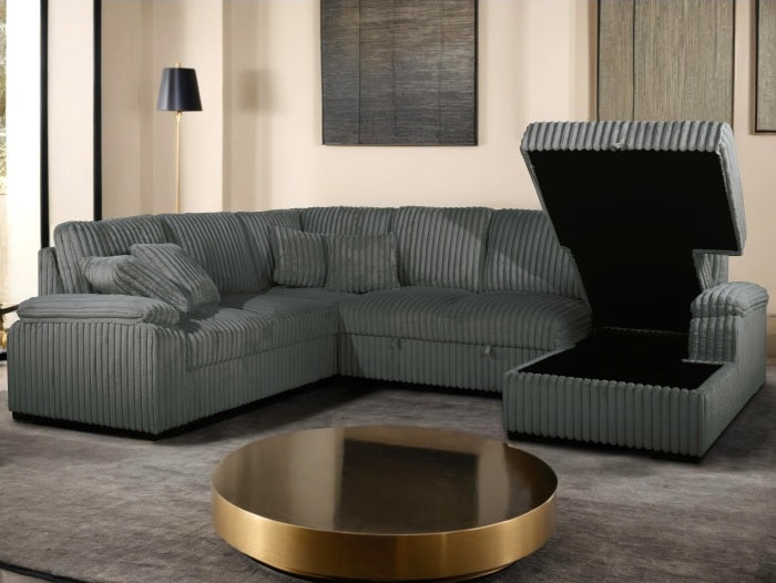Venice 4-Piece Grey Corduroy Sectional Sofa with Pull-Out Sleeper & Storage Chaise - 8222-4PC