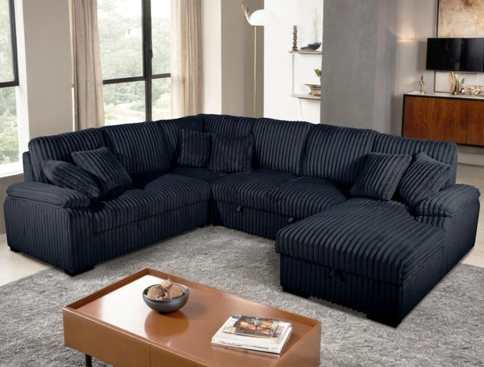Venice 4-Piece Black Corduroy Sectional Sofa with Pull-Out Sleeper & Storage Chaise - 8223-4PC