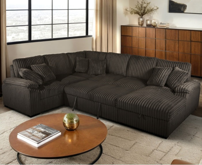 Venice 4-Piece Brown Corduroy Sectional Sofa with Pull-Out Sleeper & Storage Chaise - 8225-4PC